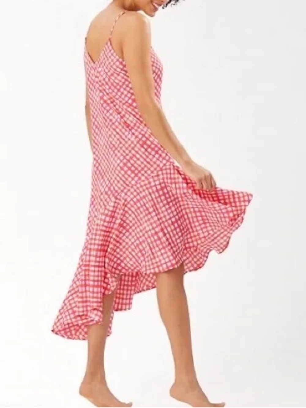 Tommy Bahama Watercolor Gingham Asymmetrical Ruffle Midi Slip Dress Pink XS - Picture 2 of 6